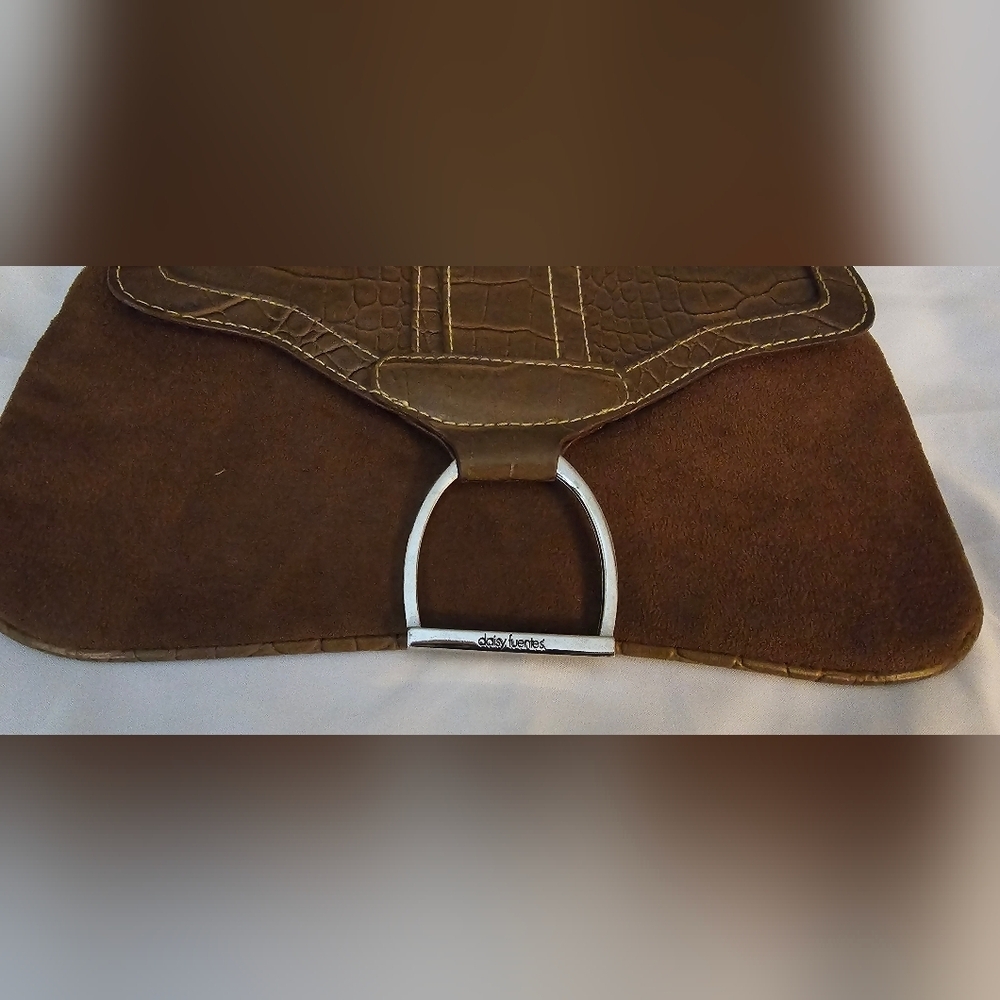 Daisy Fuentes Brown Suede Shoulder Bag Y2K Croc Trim Gold Hardware - Picture 3 of 4